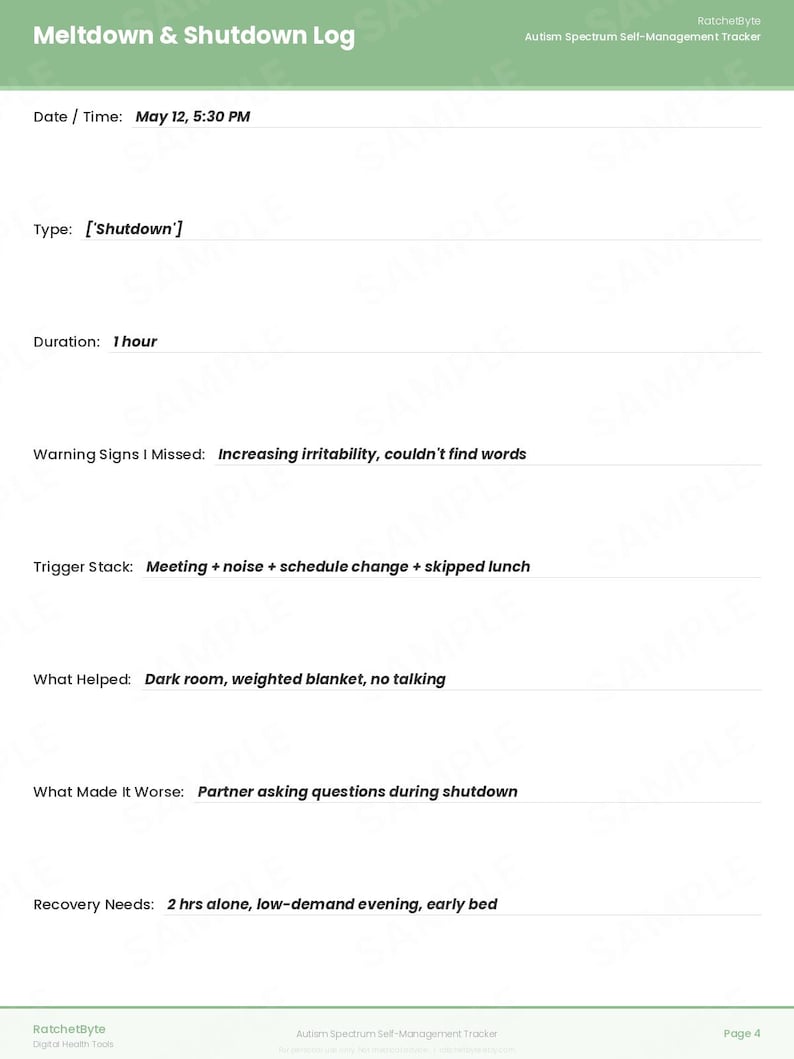 Autismus Selbstmanagement-Tracker, Sensorisches Tagebuch, Energiebudget Journal (PDF Download) Bild 5