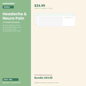 Op de afbeelding: Een digitale bundel van vier printbare en invulbare PDF-trackers voor hoofdpijn en neurologische pijn, met een groene zijbalk met de tekst RatchetByte, Headache & Neuro Pain en een lijst met de vier inbegrepen symptoomtrackers.