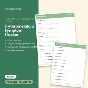 Op de afbeelding: Een printbaar en invulbaar 8-pagina's tellend Erythromelalgie symptoomdagboek van RatchetByte. Het document bevat een flare-heatmap voor het bijhouden van lichaamsgebieden, een medicatie- en supplementenlogboek en maandelijkse overzichten.