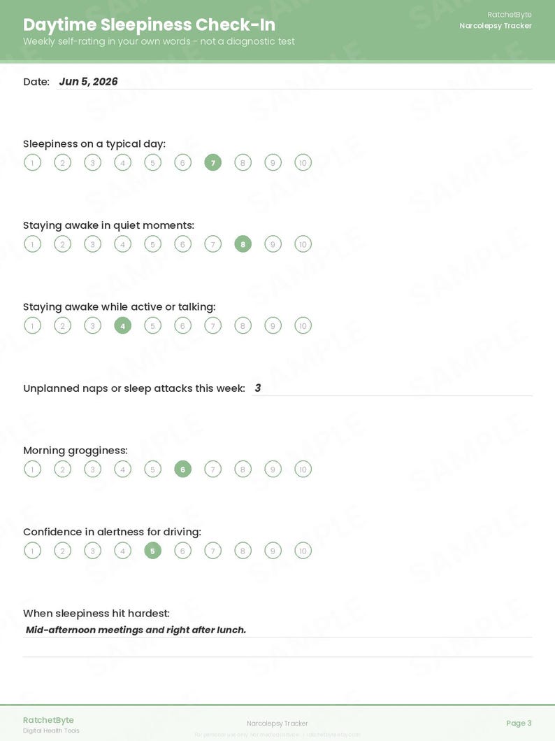 Narcolepsy Symptom Tracker, Sleep Diary, Cataplexy & Daytime Sleepiness Log (PDF Download) image 5