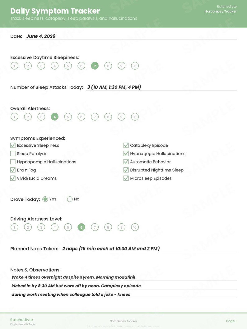 Narcolepsy Symptom Tracker, Sleep Diary, Cataplexy & Daytime Sleepiness Log (PDF Download) image 2