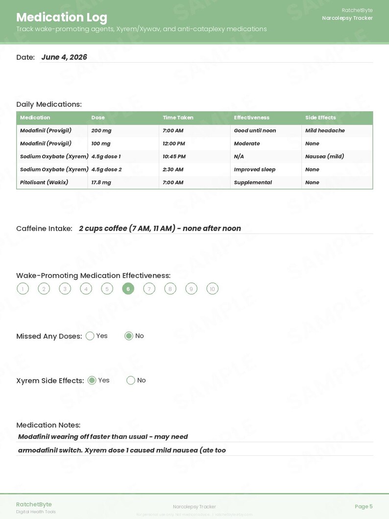 Narcolepsy Symptom Tracker, Sleep Diary, Cataplexy & Daytime Sleepiness Log (PDF Download) image 6