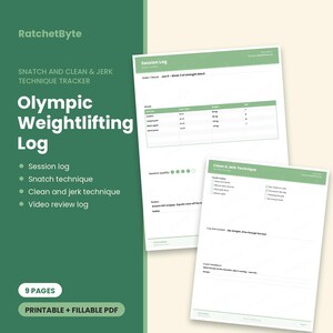 Pode incluir: Um modelo digital de registro de levantamento de peso olímpico com um esquema de cores verde e branco. O documento inclui seções para registros de sessões, técnica de arranco, técnica de arremesso e registros de análise de vídeo.
