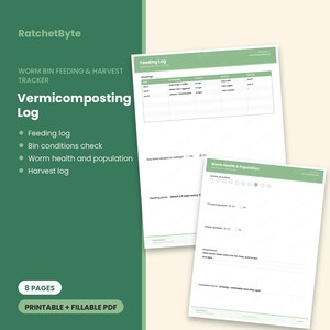 Może przedstawiać: Dziennik wermikompostowania RatchetByte zawierający 8 stron formularzy PDF do druku i wypełnienia. Dokumenty obejmują dziennik karmienia, kontrolę warunków w pojemniku, śledzenie zdrowia i populacji dżdżownic oraz dziennik zbiorów z zielonymi akcentami.