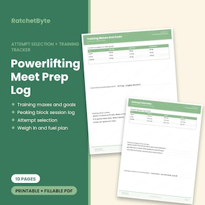 Könnte beinhalten: Ein 10-seitiges, druckbares und ausfüllbares PDF-Powerlifting-Wettkampfvorbereitungsprotokoll von RatchetByte. Das Dokument enthält Abschnitte für Trainingsmaxima und Ziele, Peaking-Block-Sitzungsprotokolle, Versuchsauswahl sowie Ernährungspläne in Grün und Weiß.