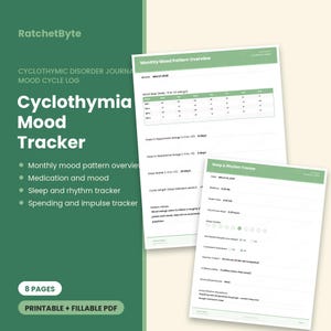 May include: A printable and fillable PDF Cyclothymia Mood Tracker journal with 8 pages. The document features a Monthly Mood Pattern Overview with a mood map table and a Sleep and Rhythm Tracker with fields for bedtime, wake time, and sleep quality.
