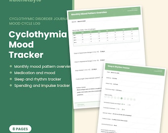 Könnte beinhalten: Ein druckbares und ausfüllbares PDF-Journal zur Verfolgung der Cyclothymia-Stimmung mit 8 Seiten. Das Dokument enthält eine monatliche Übersicht der Stimmungsmuster mit einer Tabelle sowie einen Schlaf- und Rhythmus-Tracker mit Eingabefeldern.