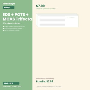 May include: A digital bundle of three health and symptom trackers titled EDS + POTS + MCAS Trifecta. The graphic features a green sidebar with white text listing Ehlers-Danlos Syndrome, POTS Dysautonomia, and MCAS trackers, alongside a white paper icon.