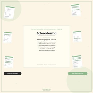 Könnte beinhalten: Ein Scleroderma Health & Symptom Tracker Dokumentenset mit einer zentralen Seite, die den Titel Scleroderma (Systemic Sclerosis) trägt, sowie eine Liste von Protokollen für Hautspannung, Raynaud-Syndrom, Rodnan-Score und Medikamente.