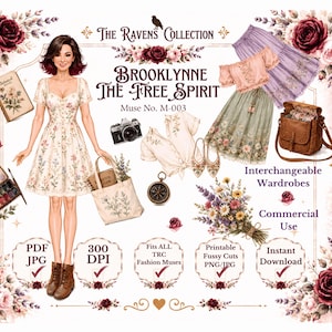 Brooklynne Papierpuppe zum Ausdrucken, Freigeist-Muse, Junk-Journal-Set, Planer-Ephemera (digitaler Download), Fussy Cuts Cottagecore-Garderobe