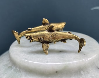 4 delar vintage mässing mini hajfigur realistiskt havsdjur te husdjur skrivbordsprydnad