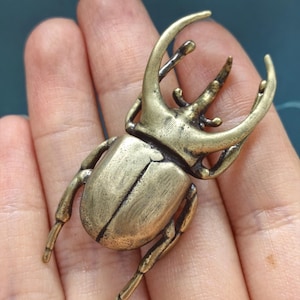 May include: A brass-colored metal beetle figurine featuring a large, segmented body and prominent, curved horn-like mandibles extending from the head. The surface has a brushed, weathered texture with visible dark patina accents in the crevices.