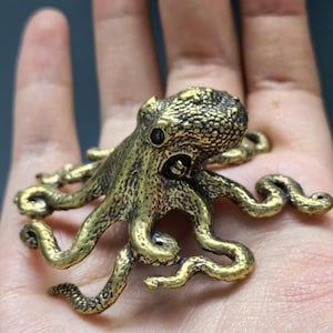 May include: A small, three-dimensional brass octopus figurine with a textured, bumpy surface and dark, recessed detailing. The octopus has a rounded head, prominent eyes, and multiple curved, sprawling tentacles extending outward in all directions.