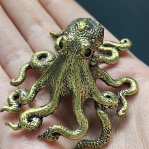 May include: A small, three-dimensional brass octopus figurine with a textured, mottled surface. The creature features a rounded head, two dark, recessed eyes, and eight curved, sprawling tentacles that extend outward in various directions.