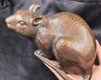 Stor vintage koppar råttfigur kinesisk zodiak musstaty detaljerad päls te husdjur skrivbordsdekor