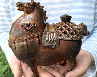 Vintage Koppar Tang Häst Rökelsekare Med Lock Rökelsekar Spiral Rökelsehållare Dekor