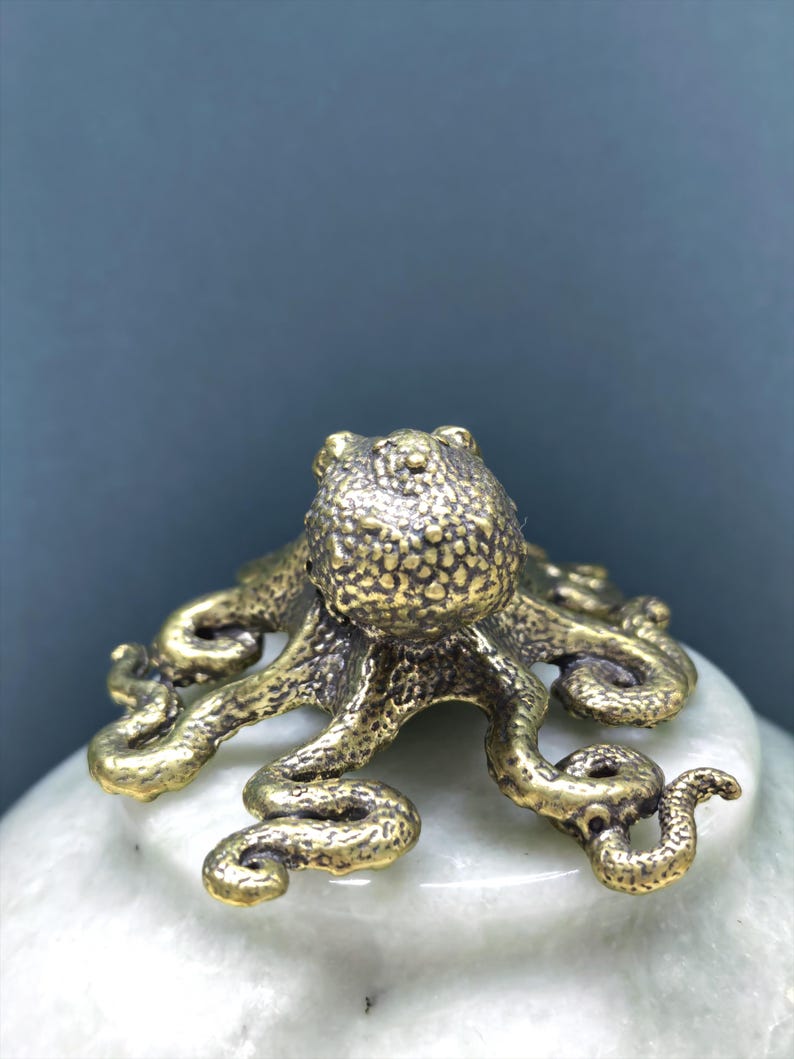 Vintage Brass Octopus Figurine Mini Tea Pet Desk Ornament Collectible Handheld Sculpture image 5
