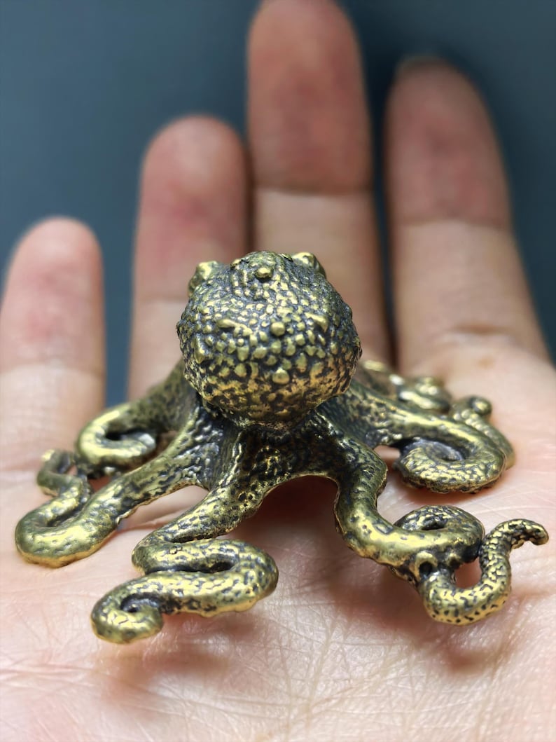 May include: A small, three-dimensional brass octopus figurine with a textured, bumpy surface on its rounded head and eight curved, detailed tentacles extending outward. The metal has a dark, antiqued gold finish with visible highlights.