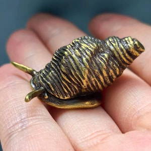 Könnte beinhalten: Eine kleine Schneckenfigur aus Metall mit einem texturierten, spiralförmigen Gehäuse und zwei hervorstehenden Fühlern. Das Objekt hat eine polierte goldfarbene Oberfläche mit dunklen Vertiefungen, die die feinen Rillen des Gehäuses betonen.