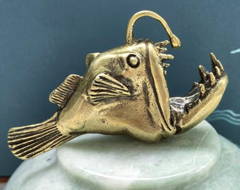 Vintage Brass Anglerfish Figurine Antique Sea Animal Tea Pet Desk Decor