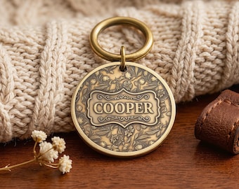 Gepersonaliseerde bloemen messing dog tag met reliëf, aangepast vintage huisdier ID-tag met 3D-bloemreliëf, antiek hondennaamplaatje in tuinstijl, luxe cadeau