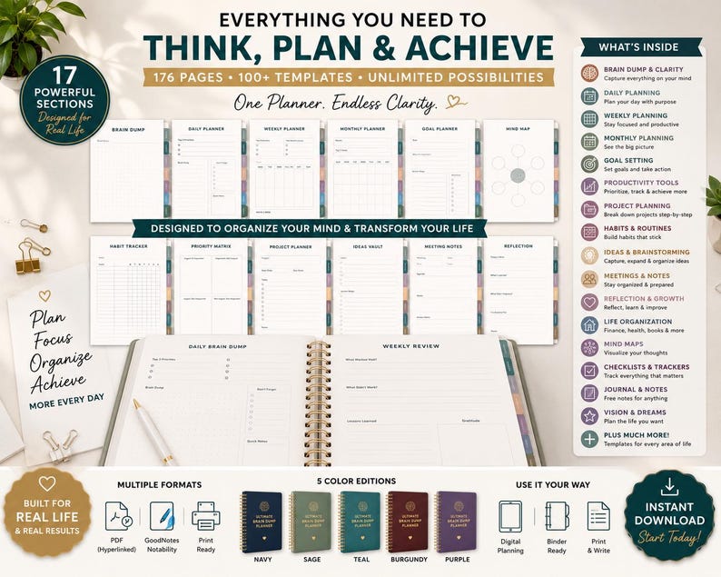 May include: A digital planner set featuring 176 pages and 100+ templates with sections for brain dumps, daily, weekly, and monthly planning, goal setting, and habit tracking. Includes five color editions: navy, sage, teal, burgundy, and purple.