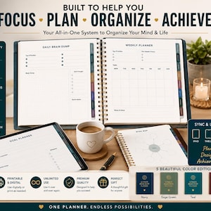 May include: A digital planner system featuring a spiral-bound notebook open to daily and weekly pages, a tablet displaying a goal planner, and a mind map page. The text includes "BUILT TO HELP YOU FOCUS PLAN ORGANIZE ACHIEVE" and "176 PREMIUM PAGES".