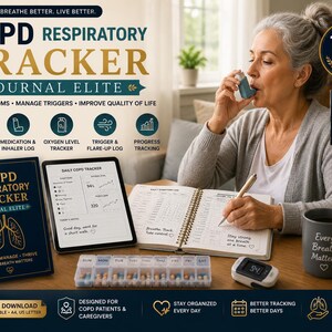 May include: A COPD Respiratory Tracker Journal Elite with 170+ pages, featuring a dark blue cover with gold lung graphics. The set includes a digital tablet displaying daily tracker data, a spiral-bound paper journal, a pill organiser, and a pulse oximeter.