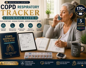 COPD Respiratory Tracker Journal Elite | Symptom, Oxygen, Peak Flow Log (PDF Download)