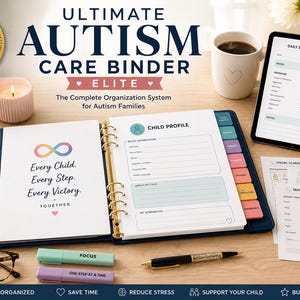 May include: A navy blue binder containing printable pages for an autism care system. The pages feature a child profile, daily behaviour tracker, and visual schedules. Included are two highlighters, a pen, and glasses on a wooden surface.