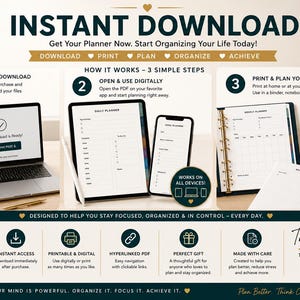 May include: A digital planner product listing graphic featuring the text INSTANT DOWNLOAD, 176 PREMIUM PAGES, and HOW IT WORKS &ndash; 3 SIMPLE STEPS. The image displays a laptop, tablet, smartphone, and printed planner pages with gold and dark green accents.