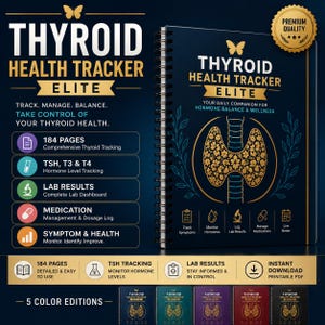 May include: A dark blue spiral-bound Thyroid Health Tracker Elite notebook featuring gold text and a butterfly icon. The cover displays a floral-patterned thyroid graphic, hormone tracking sections, and a list of 184 pages for health management.