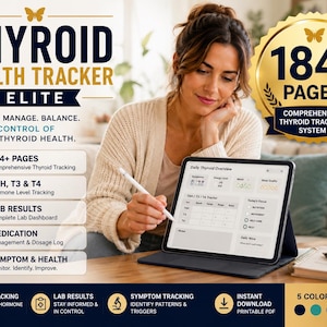 May include: A digital Thyroid Health Tracker Elite system featuring 184+ pages for tracking TSH, T3, and T4 hormone levels, lab results, medication dosages, and symptoms. The interface includes a daily overview dashboard for monitoring energy, mood, and sleep quality.