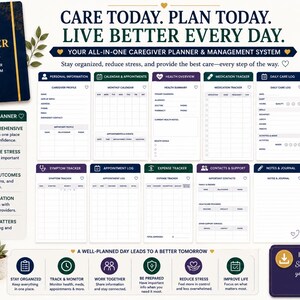 Puede incluir: Una agenda de cuidados con encuadernaci&oacute;n en espiral azul oscuro con texto dorado Caregiver Planner Complete Caregiver Management System. El dise&ntilde;o incluye secciones para informaci&oacute;n personal, calendario, salud, medicaci&oacute;n y seguimiento diario.