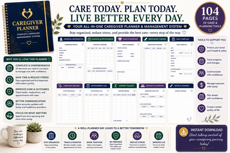 Puede incluir: Una agenda de cuidados con encuadernaci&oacute;n en espiral azul oscuro con texto dorado Caregiver Planner Complete Caregiver Management System. El dise&ntilde;o incluye secciones para informaci&oacute;n personal, calendario, salud, medicaci&oacute;n y seguimiento diario.