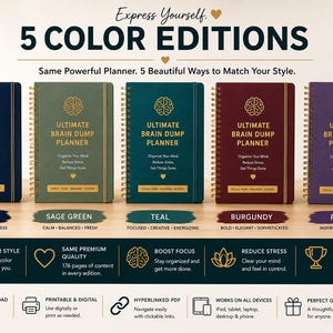 May include: Five spiral-bound planners in navy, sage green, teal, burgundy, and purple. Each cover features a gold brain icon, the text "ULTIMATE BRAIN DUMP PLANNER," and 176 premium pages. The image includes digital download icons and text.