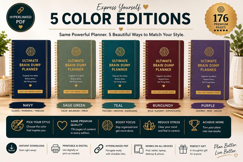 May include: Five spiral-bound planners in navy, sage green, teal, burgundy, and purple. Each cover features a gold brain icon, the text "ULTIMATE BRAIN DUMP PLANNER," and 176 premium pages. The image includes digital download icons and text.