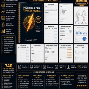 May include: A digital Migraine & Pain Tracker Journal with 118 pages, featuring a black cover with a glowing brain and lightning bolt icon. The layout includes 25 sections for tracking daily symptoms, medications, triggers, and body pain maps.