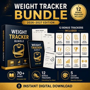 Może przedstawiać: Zestaw cyfrowy Weight Tracker edycja 2026-2027 z ciemnoniebieskim i złotym pudełkiem, wyświetlaczem tabletu i stronami do druku. Zawiera 12 dodatkowych trackerów do ciśnienia krwi, glukozy, wody i fitnessu oraz ponad 70 stron.