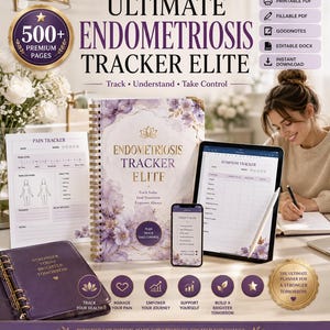 Puede incluir: Un conjunto de seguimiento de endometriosis digital y físico que incluye un planificador de espiral con detalles florales morados, una tableta con un rastreador de síntomas, un teléfono inteligente con un plan diario y una hoja de dolor.