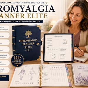 May include: A dark blue Fibromyalgia Planner Elite binder with gold corner accents, a tablet displaying a digital planner interface, and an open spiral-bound notebook showing pain and symptom trackers, alongside a Fibromyalgia Resource Guide.