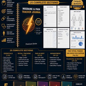 May include: A digital Migraine & Pain Tracker Journal with 118 pages per edition, featuring a black cover with a gold brain and lightning bolt graphic. The layout includes 25 sections for tracking symptoms, medications, and doctor visits.