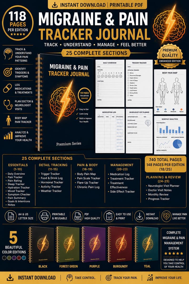 May include: A digital Migraine & Pain Tracker Journal with 118 pages per edition, featuring a black cover with a gold brain and lightning bolt graphic. The layout includes 25 sections for tracking symptoms, medications, and doctor visits.