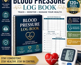 Blood Pressure Log Book Printable PDF | BP Tracker | Heart Rate Monitor Log | Hypertension Journal | Medical Binder | Senior Health Planner