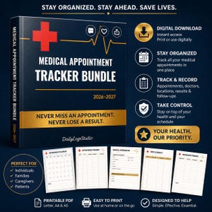 May include: A dark blue medical appointment tracker bundle for 2026-2027 featuring a red cross icon, white text, and five interior page templates including a calendar, appointment tracker, medical information, tests and results, and medication tracker.
