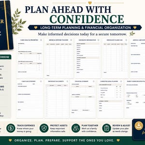 Puede incluir: Un planificador de cuidados azul oscuro con encuadernaci&oacute;n en espiral dorada y el texto Plan Ahead With Confidence, Long-Term Planning & Financial Organization. Incluye 104 p&aacute;ginas de plantillas para objetivos de cuidado, gastos y planificaci&oacute;n.