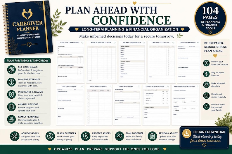Puede incluir: Un planificador de cuidados azul oscuro con encuadernaci&oacute;n en espiral dorada y el texto Plan Ahead With Confidence, Long-Term Planning & Financial Organization. Incluye 104 p&aacute;ginas de plantillas para objetivos de cuidado, gastos y planificaci&oacute;n.