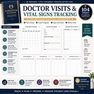 Puede incluir: Un planificador de cuidados de espiral azul oscuro con texto dorado e iconos de coraz&oacute;n. El dise&ntilde;o muestra varias p&aacute;ginas de seguimiento, incluyendo un calendario de citas, un planificador de visitas m&eacute;dicas y registros de salud.