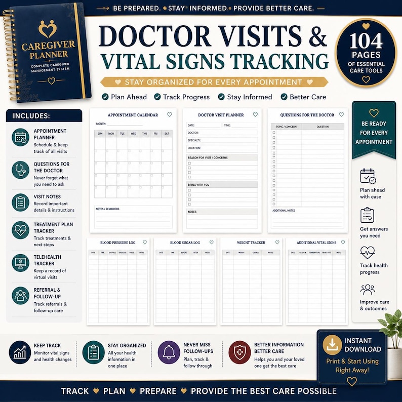 Puede incluir: Un planificador de cuidados de espiral azul oscuro con texto dorado e iconos de coraz&oacute;n. El dise&ntilde;o muestra varias p&aacute;ginas de seguimiento, incluyendo un calendario de citas, un planificador de visitas m&eacute;dicas y registros de salud.