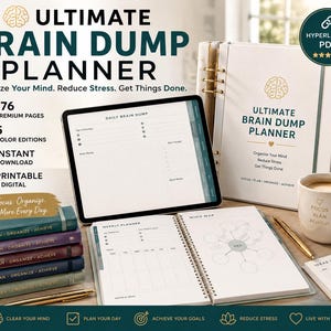 May include: A digital and physical Ultimate Brain Dump Planner set featuring a tablet displaying a daily brain dump page, a spiral-bound planner with weekly and mind map layouts, a stack of five colored planners, and a mug with the text Focus Plan Achieve.